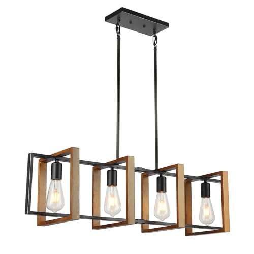 HvKv HvY 4 Light Kitchen Island Lighting, Wood Metal Pool Table Lights - Black Chandeliers, Industrial Pendant Heights Adjustable Bedroom Lights