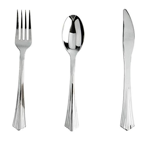 Perfect Settings 300 Silver Plastic Cutlery - Polished Disposable Silverware Set with an Elegant Fan Design Fancy Flatware - Ideal Utensils for Weddings and Parties - 100 Forks 100 Knives 100 Spoons