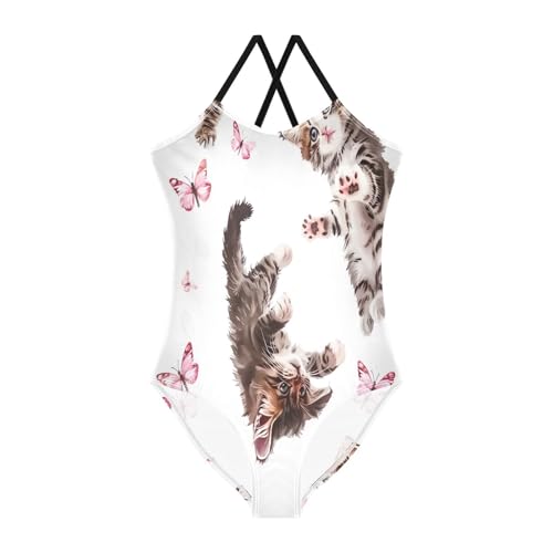 Cute Cats Butterflies White Girls 1 Piece Swimsuit, Beach Swimsuit, Summer Swimsuits Girls 3-10T with Adjustable Shoulder Strap
