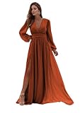 BOLENSEY A-line V-Neck Burnt Orange Bridesmaid Dress with Slit Long Sleeve Ruched Chiffon Evening Formal Prom Gown Size 8