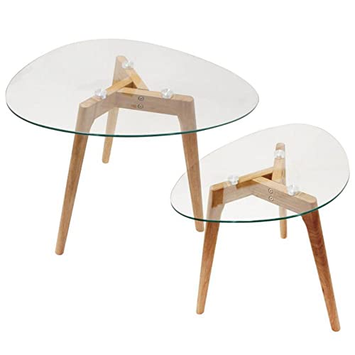 HOME DECO FACTORY HD3212 Tables Gigognes Verre Trempe Transparent Resistant Galet Bois Deco Moderne Salon, 60 x 45 x 43 cm