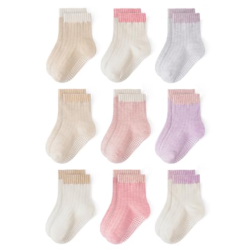 Image of Toddler Non Slip Cotton Crew Socks with Grips for Baby Boys Girls