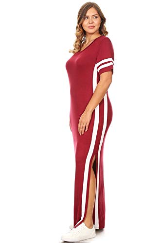 Sweetkie Striped Maxi Dress, Short Sleeved, Side Slits, Plus Size (2X, Burgndy/White) #TOP2