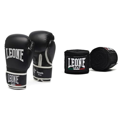 Guantes de boxeo de 12 OZ LEONE 1947 Flash unisex y vendas negras de boxeo GN083