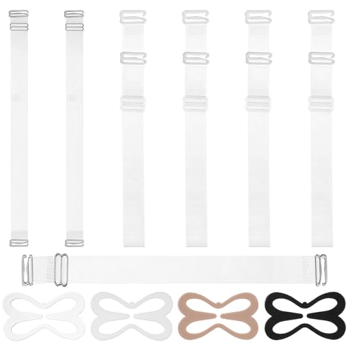 Tyqour 3 Paar Durchsichtige BH Träger+4 Stück BH-Träger Clips Unsichtbare Klare BH-Träger Transparente Ersatz BH Schultergurte rutschfeste Schnalle BH-Zubehör für Fitnesssport Frauen Trägerlose BHS