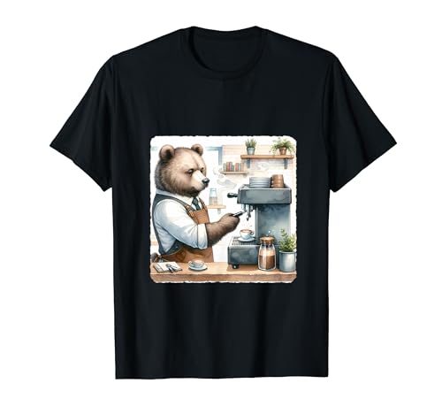 Bear Barista Crafting A Latte. Espresso Plants Bookshelves T-Shirt