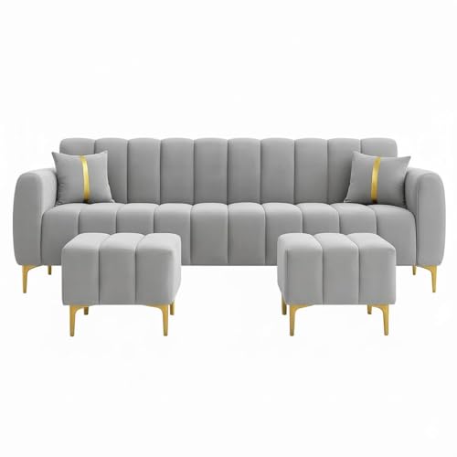 Image of Harmonica 3 Seater Modular L Shape Sofa Set with 2 Ottoman| Soft Velvet Upholstery, Sturdy Wooden Frame | Modern Sofa for Living Room, Hall & Office Spaces (Light Grey)