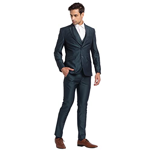 Image of Park Avenue Men's Super Slim Fit Terry Rayon Blend Peak Lapel Jacquard Pattern Full Sleeve Dark Blue Ceremonial Suit