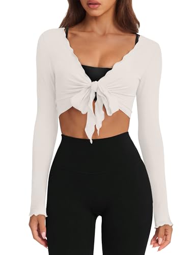 Womens Tops V Neck Workout Sets for Women Pilates Outfits White Tops for Women Gym Clothes Long Sleeve Ballet Wrap Top S