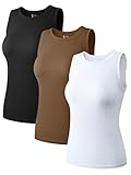 OQQ Women's 3 Piece Sleeveless Shirt Crew Neck Stretch Fitted Layer Tank, Black,coffee,white, Large