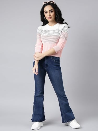 Image of SHOWOFFFF Women Geometric Fitted Casual Top | Round Neck Full Sleeves Knitted Top's for Womens | Regular Fit Midi Tops for Women's