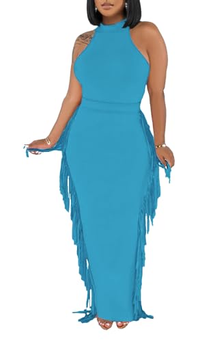 Image of 2 Piece Outfits for Women Sexy Halter Neck Sleeveless Crop Tops Ruched Bodycon Dresses Jumpsuits Fringe Skirt Sets