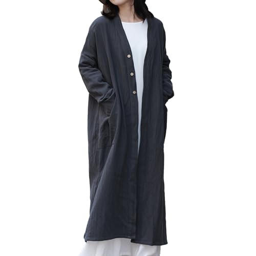 2025 Long 100% Linen Cardigan Women’s V-Neck Side Slit Drop Shoulder Loose Duster Coat Spring Outerwear Dark Gray