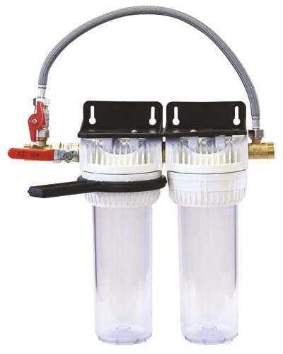 AQUAWATER - Station Filtre Double avec By-Pass - Dimension Standard 9''3/4 - Pour Traitement d'Eau - Ø9''3/4 - Équerre de Fixation et Clé de Desserrage - Blanc