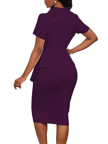 Image of WanMem Women Formal Bodycon Peplum Cocktail Dress Short Sleeve Bow Ruffle Pencil Party Midi Dresses