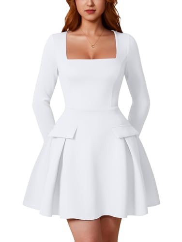 XXTAXN Women's Sexy Corest Long Sleeve Square Neck Ruffle Pleated Wedding Guest A Line Mini Dress White
