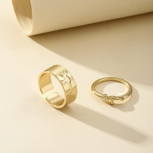 COLORFUL BLING 2Pcs Dinosaur Mushroom Love Heart Matching Band Knuckle Rings Set Hollow Out Open Adjustable Stackable Animal Party Promise for Him Her Couple Wedding Jewelry2