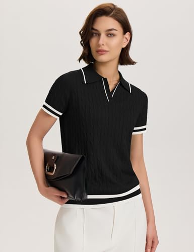 Image of Micoson Womens Short Sleeve Sweater Tops Lapel V Neck Polo Shirts 2026 Summer Cable Knit Loose Blouse Business Casual Outfits