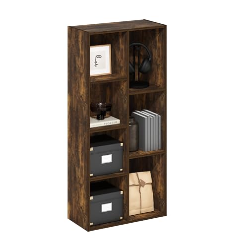 Image of Furinno LUDER Book Shelf, 7-Cube Bookshelf, Bookcase with Open Shelves, 9.4 x 19.5 x 41.7, Easy Assembly, for Living Room, Bedroom, Home Office, Amber Pine