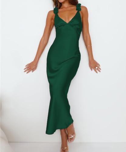 Image of Phicia Summer Satin Spaghetti Strap V Neck Midi Dresses for Women Wedding Guest Elegant Flower Backless Cocktail Formal Dress