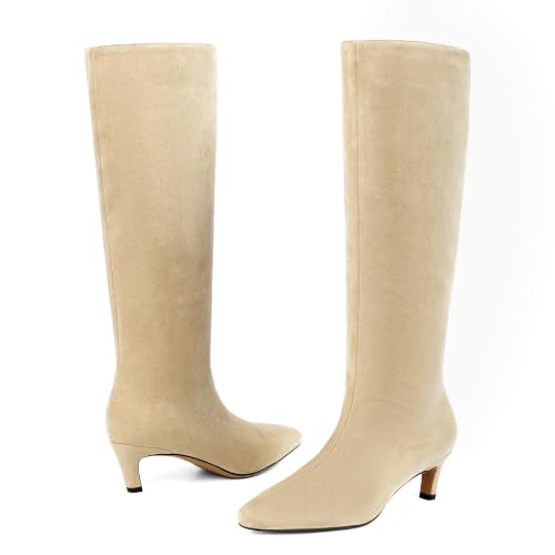 Image of Modatope Knee High Boots Women Square Toe Kitten Heel Tall Boots | Womens Low Heel Fashion Heeled Fall Boots, Dressy Tall Long Boots For Women