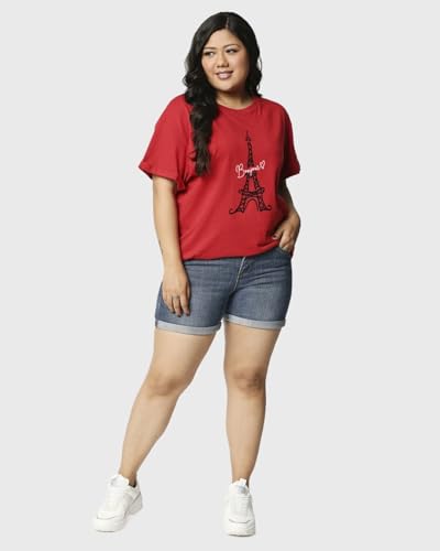 Image of Bewakoof Women's Cotton Graphic Print Relaxed Fit Round Neck Plus Size T-Shirt