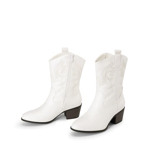DREAM PAIRS Cowboy Boots for Women, Mid Calf Cowgirl Boots with Embroidery Round Toe Western Chunky Low Heel Shoes,Size 8,White,DWUMMB2505