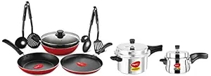 Pigeon Mio Nonstick Cookware Gift Set, 8pcs &Pigeon by Stovekraft Induction Base Pressure Cooker, 5ltr&Pigeon by Stovekraft Pressure Cooker 3ltr Outer Lid with Induction Base, Medium (14501)