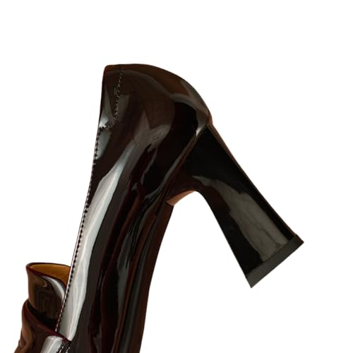 TinaCus Glossy Genuine Leather Women's Pointed Toe High Chunky Heels Slip on Pumps Shoes4