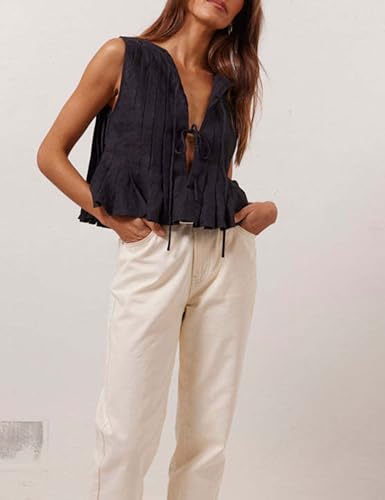 Zontroldy Women's Linen Tie Front Shirts Sleeveless Y2K Babydoll Ruffle Tank Top Aesthetic Clothes3