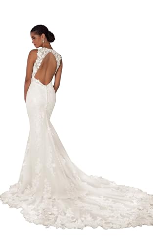 Tulle Mermaid Wedding Dresses Lace Applique Boho Bridal Dress Halter Neck Backless Wedding Gowns with Train