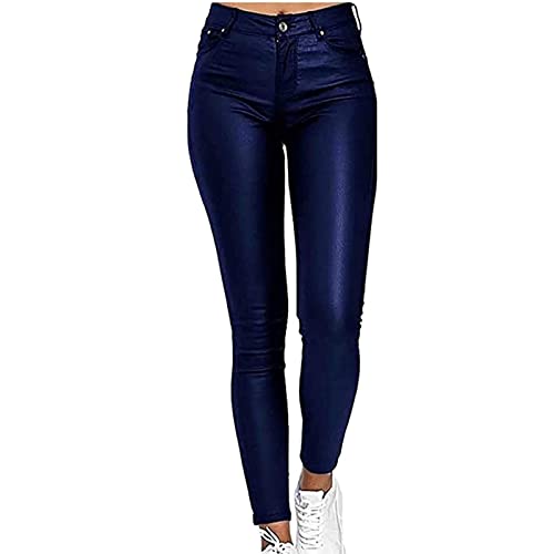 SIYAN Pantalones Elásticos De Mujer Efecto Cuero Push Up Biker Leggings Recubierto Sintético Tapeta Delgada De Piel Sintética Auténtica PU Talle Alto Corte Ajustado, Casual(Blue,XL)