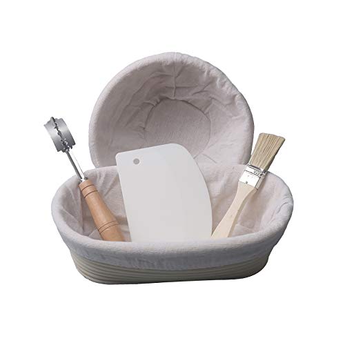 Unique WElinks - 5 cestas ovaladas y redondas de ratán para prueba de pan, cestas de prueba de pan, masa fermentada y masa fermentada con raspador y paño forrado