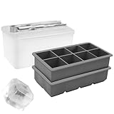 Bongpuda Silicone Ice Cube Tray With Storage Bin 2 Packs, 8 Cavity 2' Square Ice Cube Trays for Freezer, Large Ice Cube Molds For Whiskey And Cocktails With Forceps for Ice Cubes