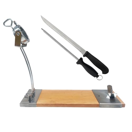 Well Home IBERIA Luxe Support à jambon avec tête rotative, en bois et acier inoxydable + set de couteau à jambon (25 cm) et fusil (21 cm)
