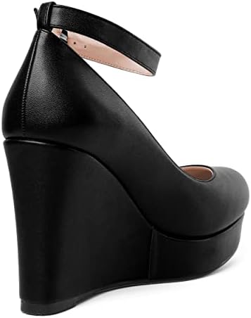 AMBELIGHT Women's Evening Solid Platform Dress Wedge Matte Round Toe 4 Inch Ankle Strap Buckle High Heel Pumps Shoes Black Size 8 - Zapatos de Mujer de Tacon Bajo | Image 4