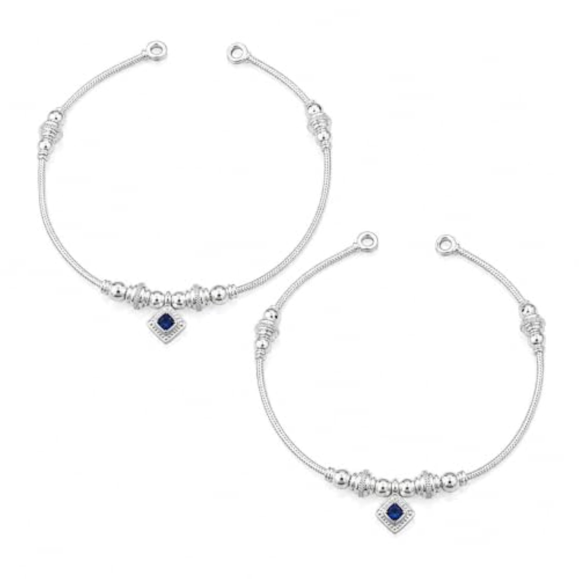 Women's Silver-Tone Blue Charm Anklet with Beaded Chain