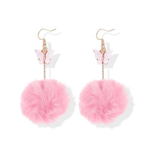 Pom Pom Earrings for Women Trendy Butterfly Puffy Dangle Earrings Faux Fur Ball Fluffy Earrings Rave Earrings Prom earrings Puffy Round Earrings Fun Fairy Earrings for women