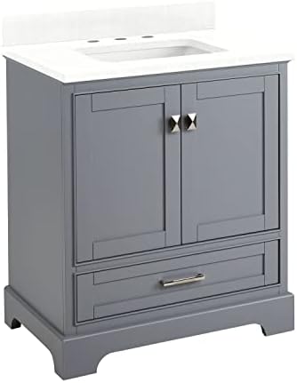Signature Hardware 480604 Quen 30" Free Standing Single Vanity Set with Wood Cabinet, Vanity Top and Rectangular Undermount Vitreous China Sink - 8" Faucet Holes - Gray/Feathered White