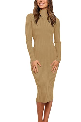 Image of MEROKEETY Women's Long Sleeve Sweater Dress 2025 High Neck Slim Fit Ribbed Knit Midi Winter Dresses