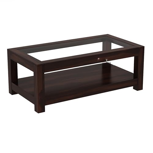 Image of Sheesham Wood Coffee Table with Glass Top Multipurpose Tea Table Wooden Centre Table for Living Room Home and Office (Walnut)