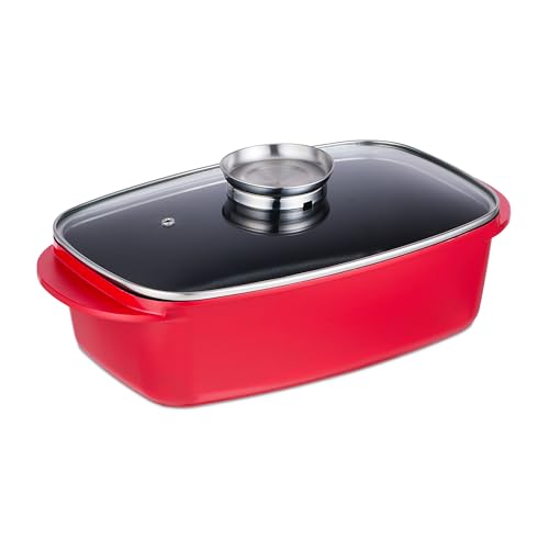 Relaxdays braadslede met deksel, ovenschaal, aluminium en glas, geschikt voor elektrische kookplaat, 5 liter, rood