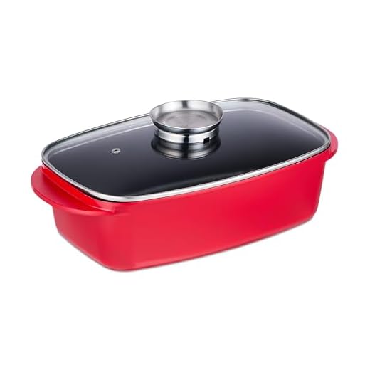 Relaxdays braadslede met deksel, ovenschaal, aluminium en glas, geschikt voor elektrische kookplaat, 5 liter, rood