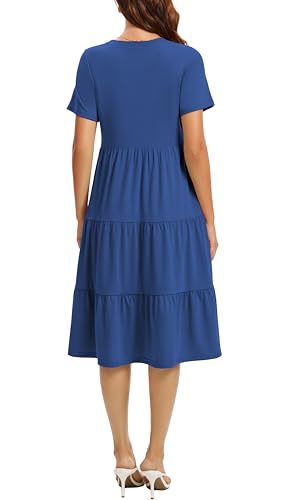 Image of Womens Summer Short Sleeve Crew Neck Midi Dress 2026 Casual Fit Flowy Tiered Beach Vacation Sundress with Pockets