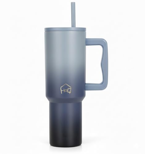 Image of House of Quirk 1200ML Stainless Steel Tumbler with Handle & Lid, 2 Straws - Large Travel Mug Water Cup for Gym, Office & Outdoor Use (Stone Wash)
