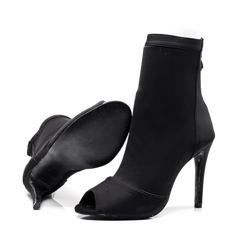 Swdzm FRE-QJW1022-BLACK-8.5ZG-36 Women Ballroom Dance Shoes Peep Toe Latin Salsa Performance Party Ankle Dance Boots,Black,Heel 3 1/3 Inch,Rubber Sole,6 Us thumb #3