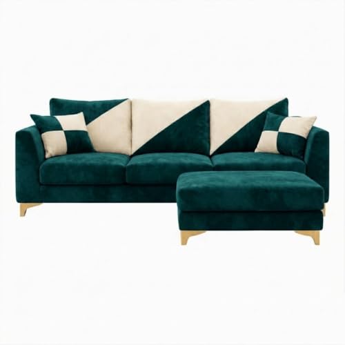 Image of Juliet Rich 4 Seater L Shape Sofa Set with Movable Ottomans | Flexible Layout | Velvet Suede Fabric | Golden Aesthetic Legs | Modern Sofa for Living Room (Greenish Teal)