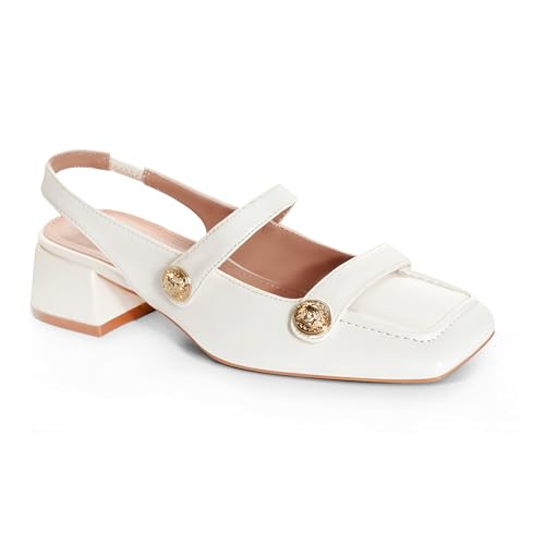Image of Slingback Mary Jane Heels for Women Low Block Heel Closed Square Toe Pump Shoes Heels Classic Daily Office Dressy Shoes
