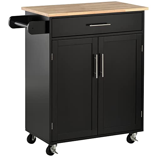 Homcom Carrello Da Cucina Con Cassetto E Armadietto 2 Ante, Isola Cucina Con Ruote E Barra Laterale Per Asciugamani, 83X45X91.5Cm, Nero