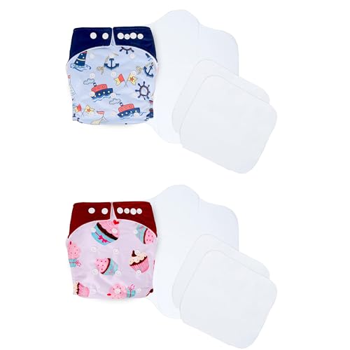 Image of Ambaby Cloth Diapers Combo Pack Quick Dry Comfort Gots Certified Free Size Button Adjustable, Washable, Reusable, Multilayered Cotton Pads And Boosters, Sea Sailor And Cup Cake Printed - Pack Of 2